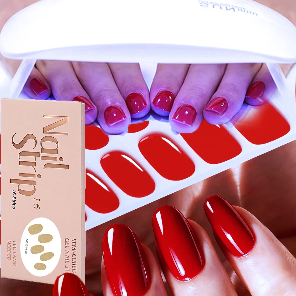 16Tips Valentine's Day Red Glossy Semi-Cured Nail Gel Wraps Long-Lasting Red UV Nail Sticker UV Lamp Need Red Manicure Gel Decal