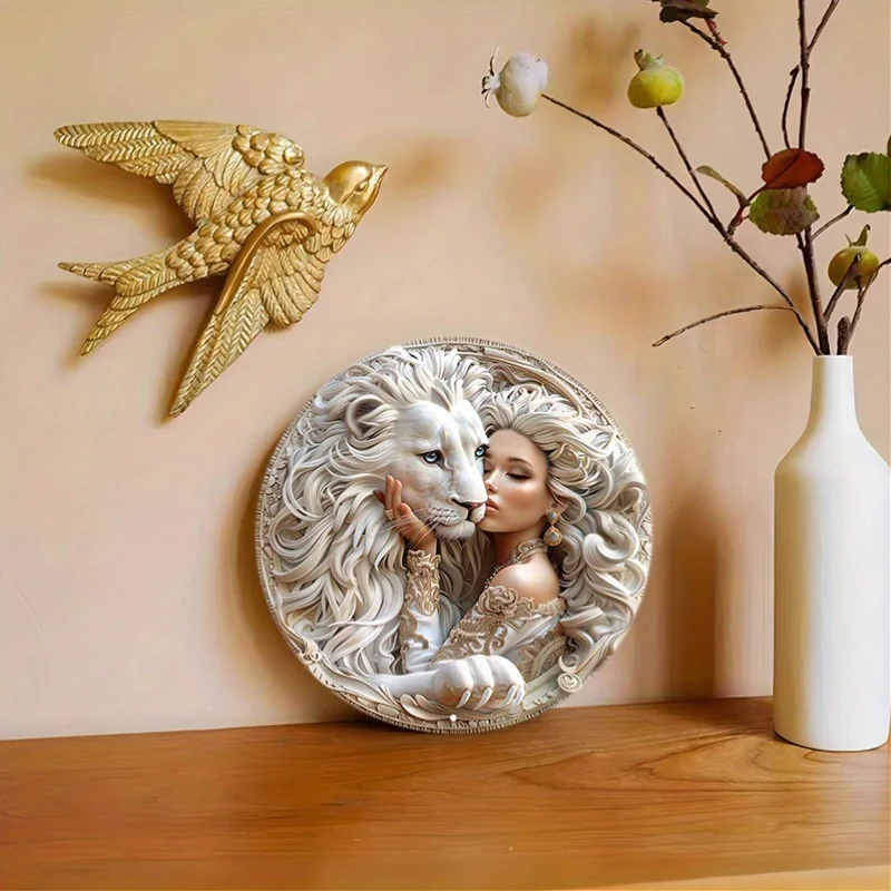 Stunning Woman and White Lion Art, Round Aluminum Metal Sign, Waterproof, Weather Resistant, Pre-drilled, Wall Decor for Home