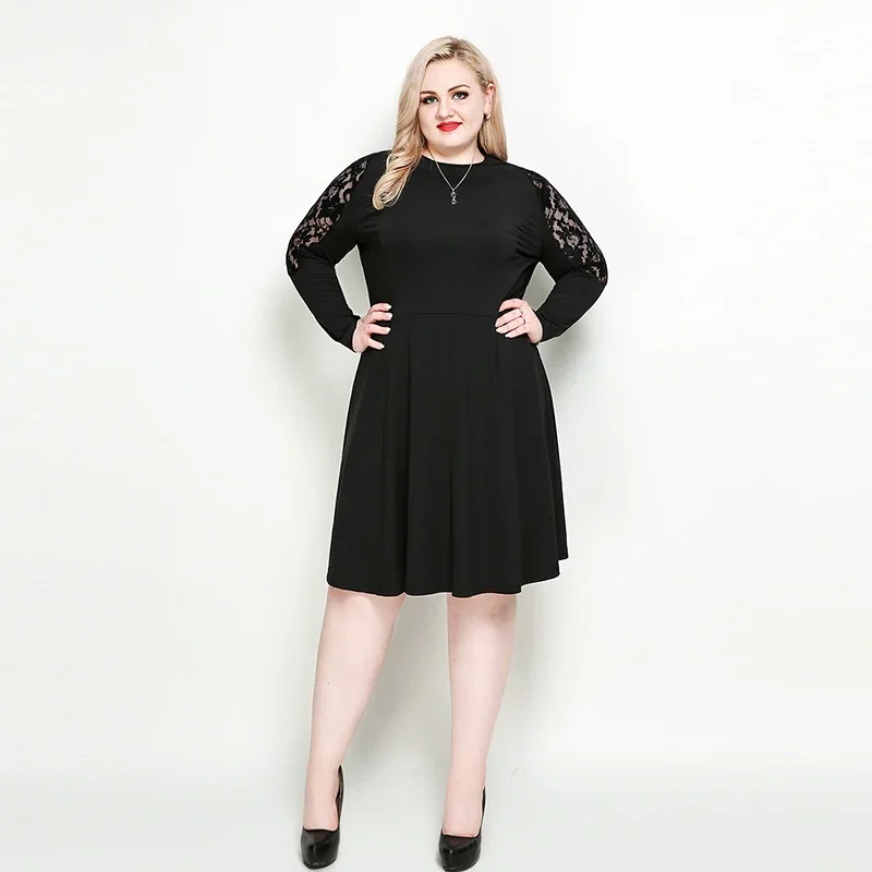 

Plus Size Elegant Fit And Flare Midi Dress Women Long Sleeve Lace Cold Shoulder Office Work Dress Female Large Size Spring Dress