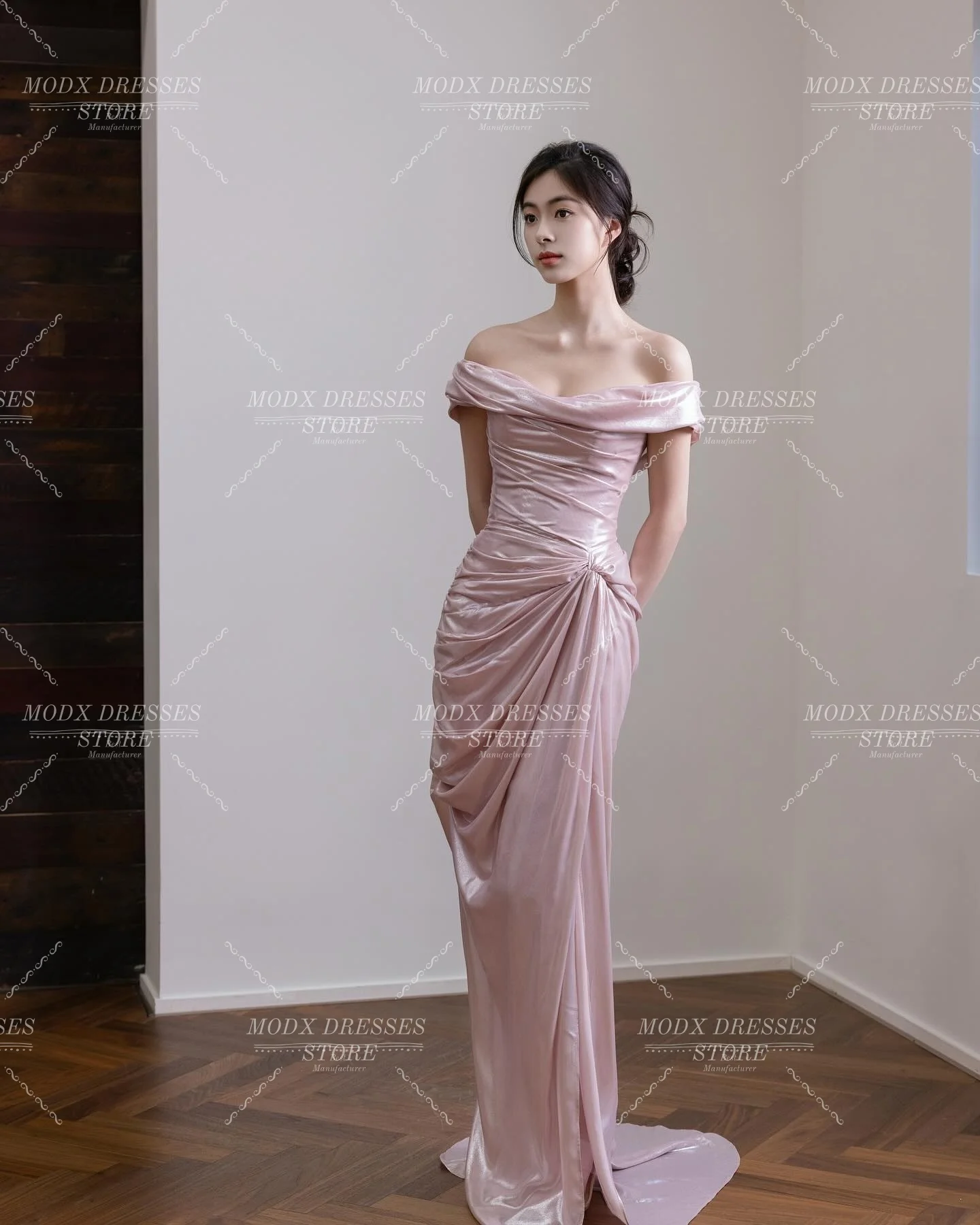 MODX فستان زفاف كوري بسيط وردي عاري الكتفين على شكل حرف a فستان زفاف ثنيات لالتقاط الصور مخصصة فيستدوس نوفيس بودا Wo