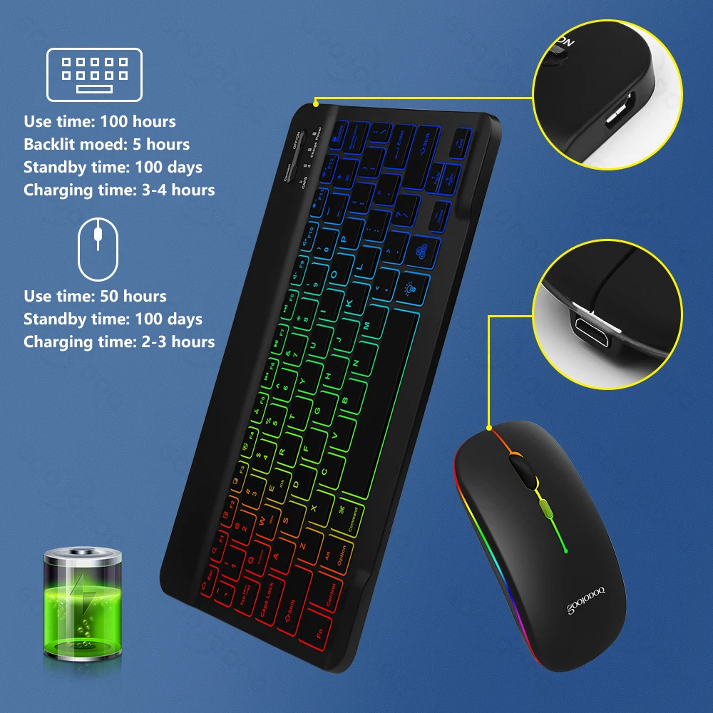 

10-дюймовая беспроводная Bluetooth-клавиатура с RGB-подсветкой, перезаряжаемая, мини-клавиатура Bluetooth для испанского и русского языков