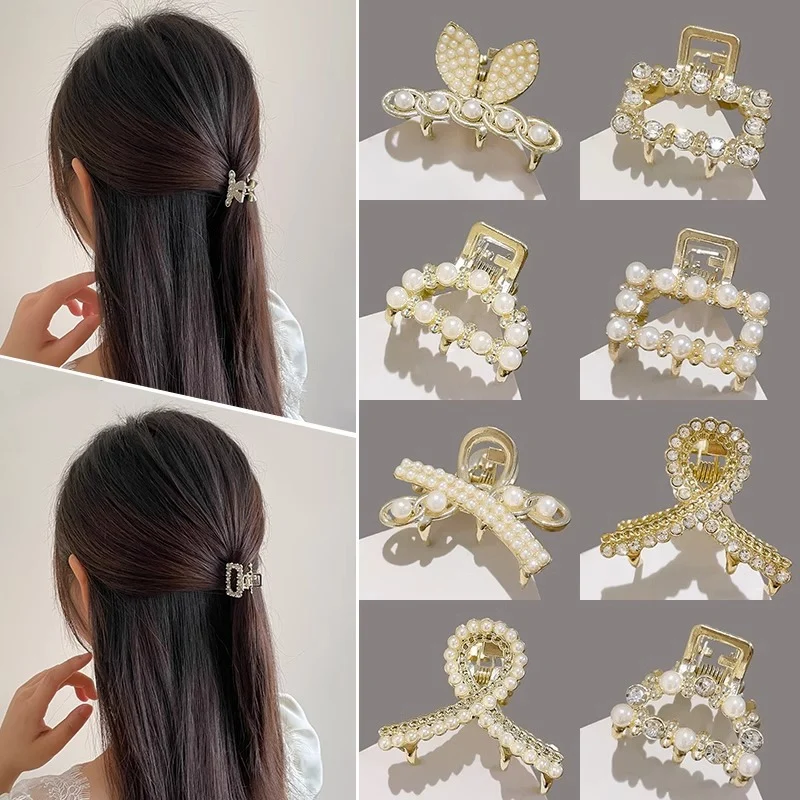 Elegant Pearls Beads Hairpin for Women Fashion Geometric Hair Claw Barrettes Headwear Horsetail Hair Clips Hair Crab Accessories