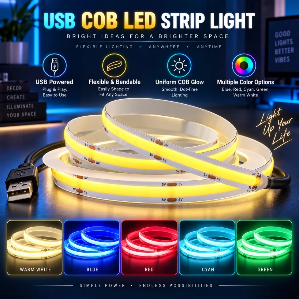 DC5V USB COB LED Strip Light 320LEDs/M White/Red/Pink/Ice Blue/Yellow/Flexible Tape for Cabinet TV Backlight Home Decor Lighting