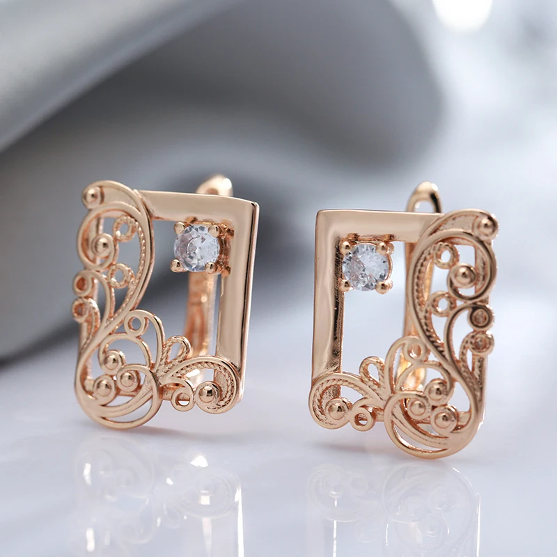 Wbmqda Classic Square Hollow Flower Drop Earrings For Women 585 Rose Gold Color Fine French Jewelry Ethnic Wedding Accessories