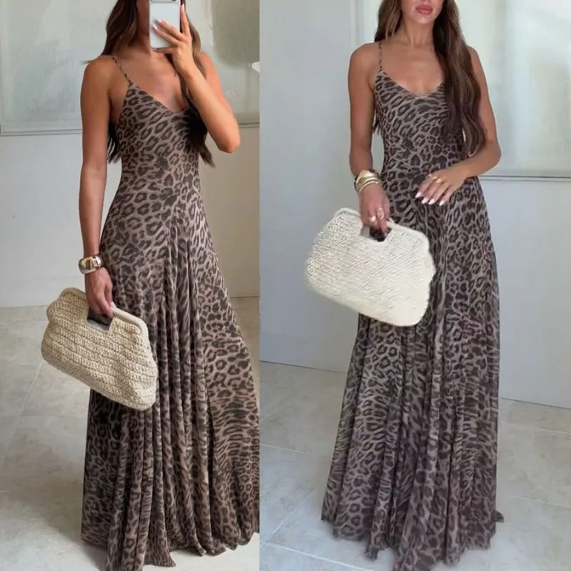 

New Vintage Chic Leopard Print Sling Dress Sexy Party Suspender Sleeveless Backless Slimming Maxi Dress Lady Women Clothing