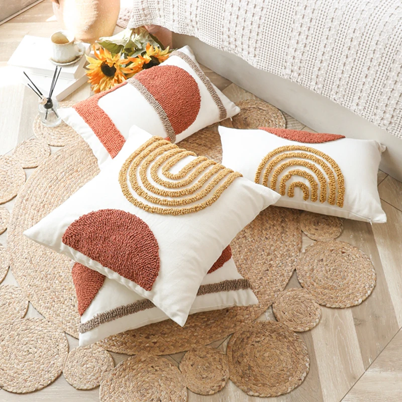 Half Circle Cushion cover 45x45cm/30x50cm Burnt Orange Pillow Cover Gematric Tufted for Living Room Sofa Couch Bedroom Bed Chair