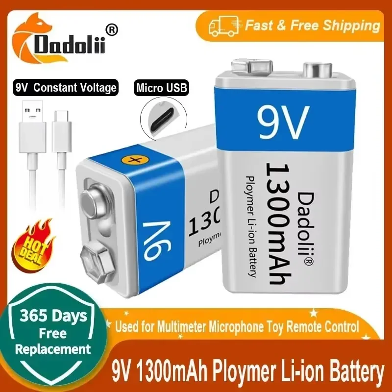Hochleistungs-9-V-1300-mAh-Lithium-Ionen-Akku mit wiederaufladbarem Micro-USB-Ladeanschluss für Multimeter, Mikrofon, Spielzeug, Fernbedienung
