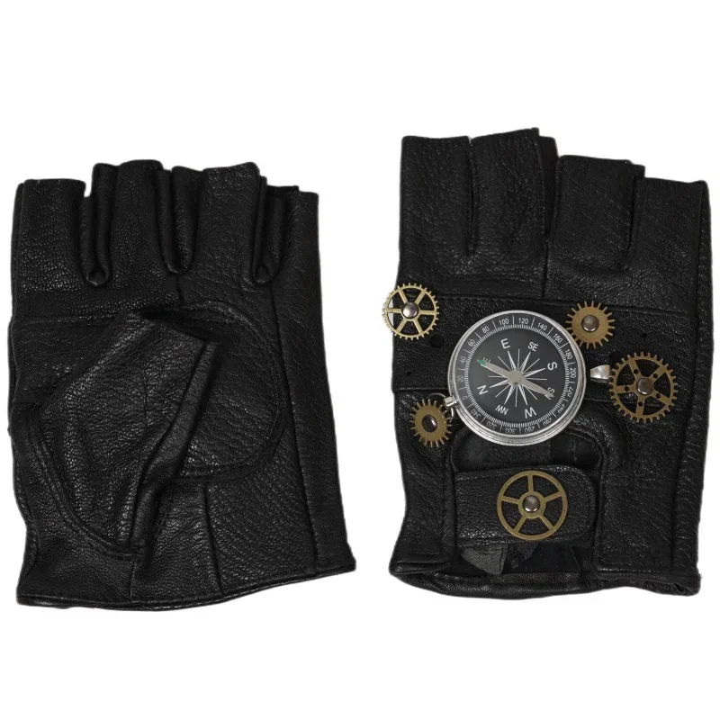 Steampunk PU Leather Fingerless Compass Gloves Men Women Fashion Hip Hop Punk Gloves Half Finger Gloves