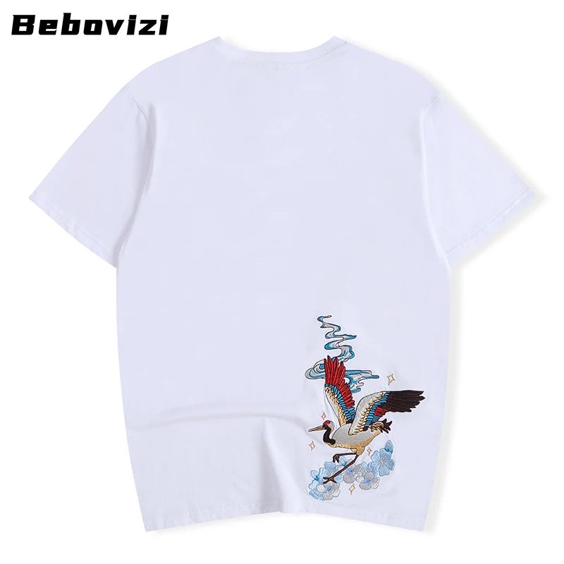 2025 Men Hip Hop Streetwear Japanese Harajuku Crane Embroidery T-Shirt Summer Short Sleeve Tops Tees Black White Cotton Tshirts