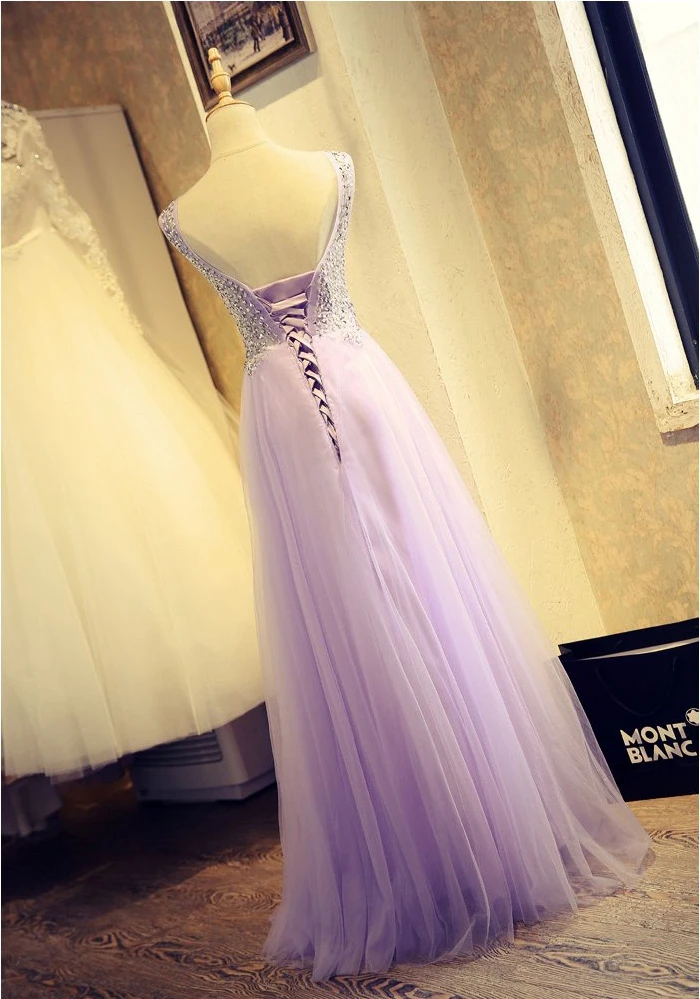 vestidos de damas de honor boda new tulle crystal sexy V neck A Line lilac bridesmaid dress long wedding party gown real photo