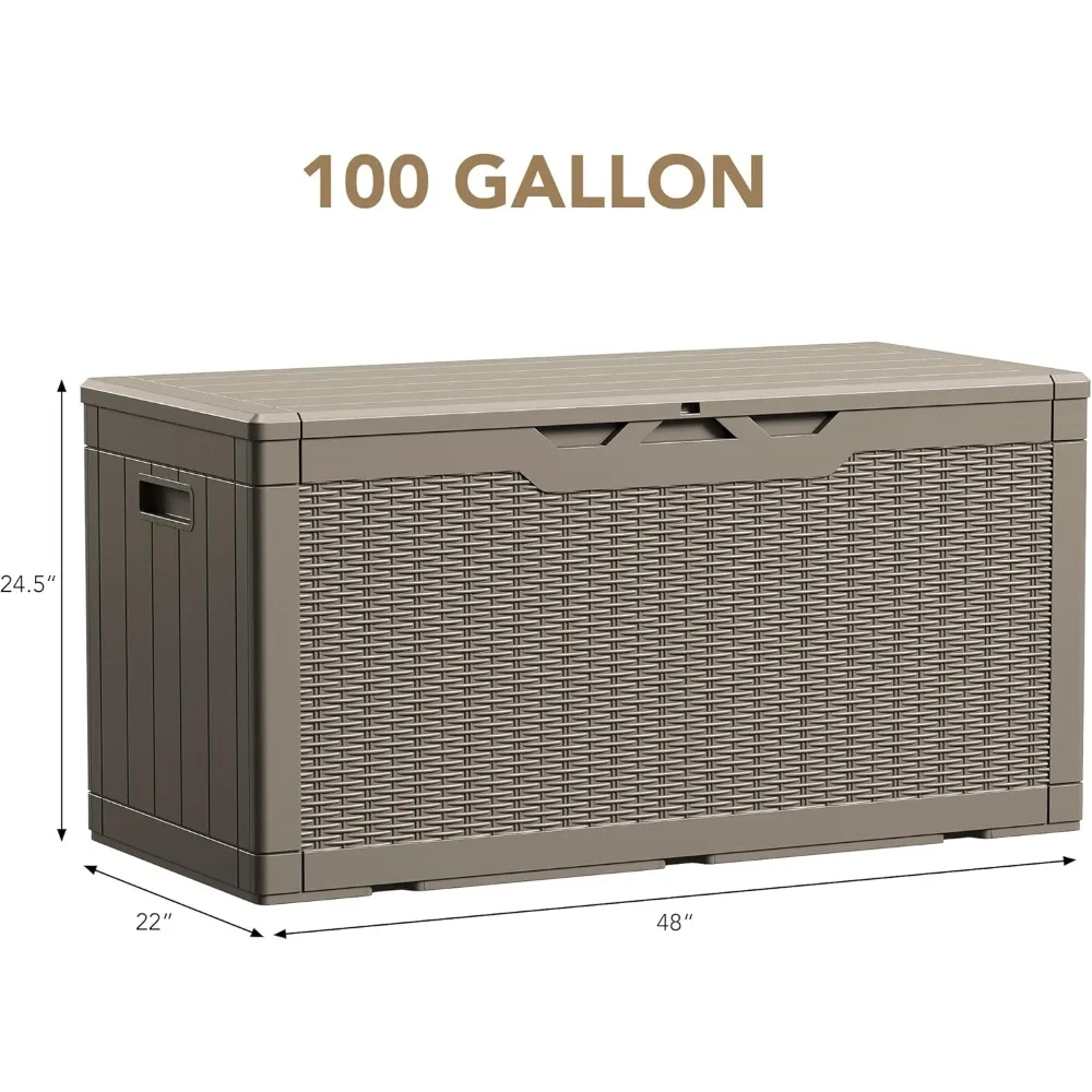 100 Gallon Waterproof Large Resin Deck Box Indoor Outdoor Lockable Storage Container for Patio Furniture Cushions Garden Tools