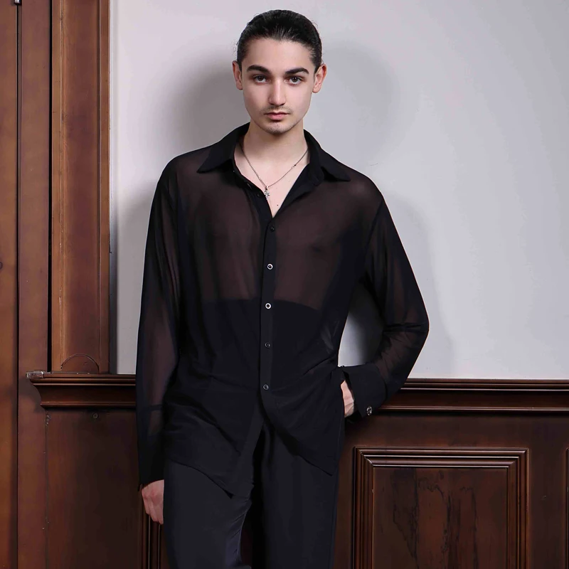 

Black Mesh Ballroom Dance Top Men Long Sleeved Latin Dance Shirt Adults Samba Chacha Modern Dancing Tops Training Wear