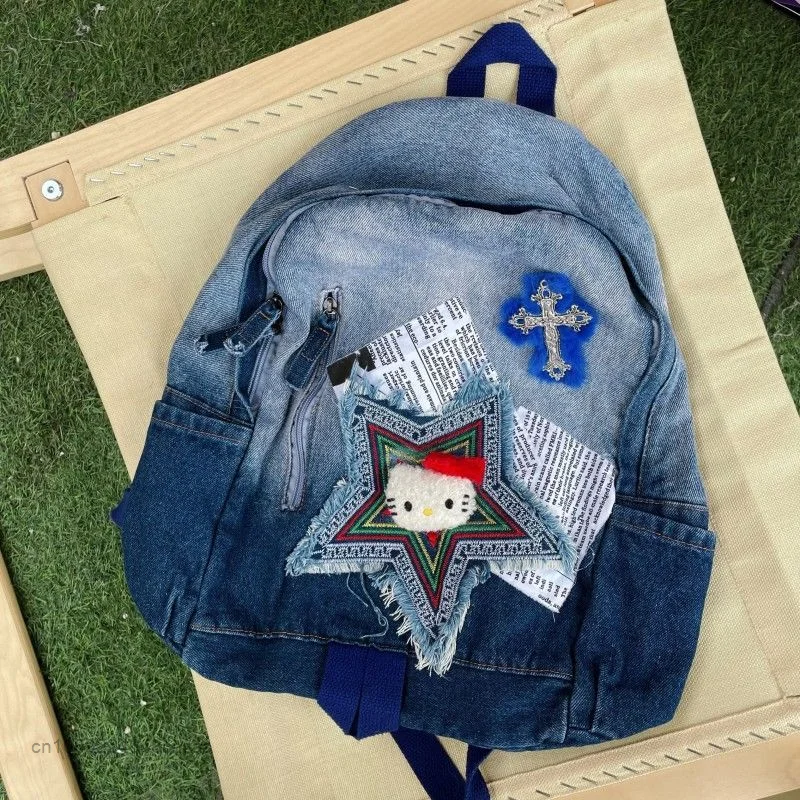 Sanrio Hello Kitty New Denim Bags Women Men Hip Hop Style Fashion Backpacks Y2k Student Schoolbag Luxury Commuter Shoulder Bag