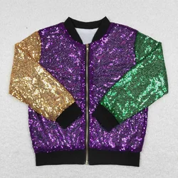 Wholesale Baby Boy Girl Coat Long Sleeves Green Purple Sequins Mardi Gras Overcoat Zipper Children Infant Spring Fall Jacket