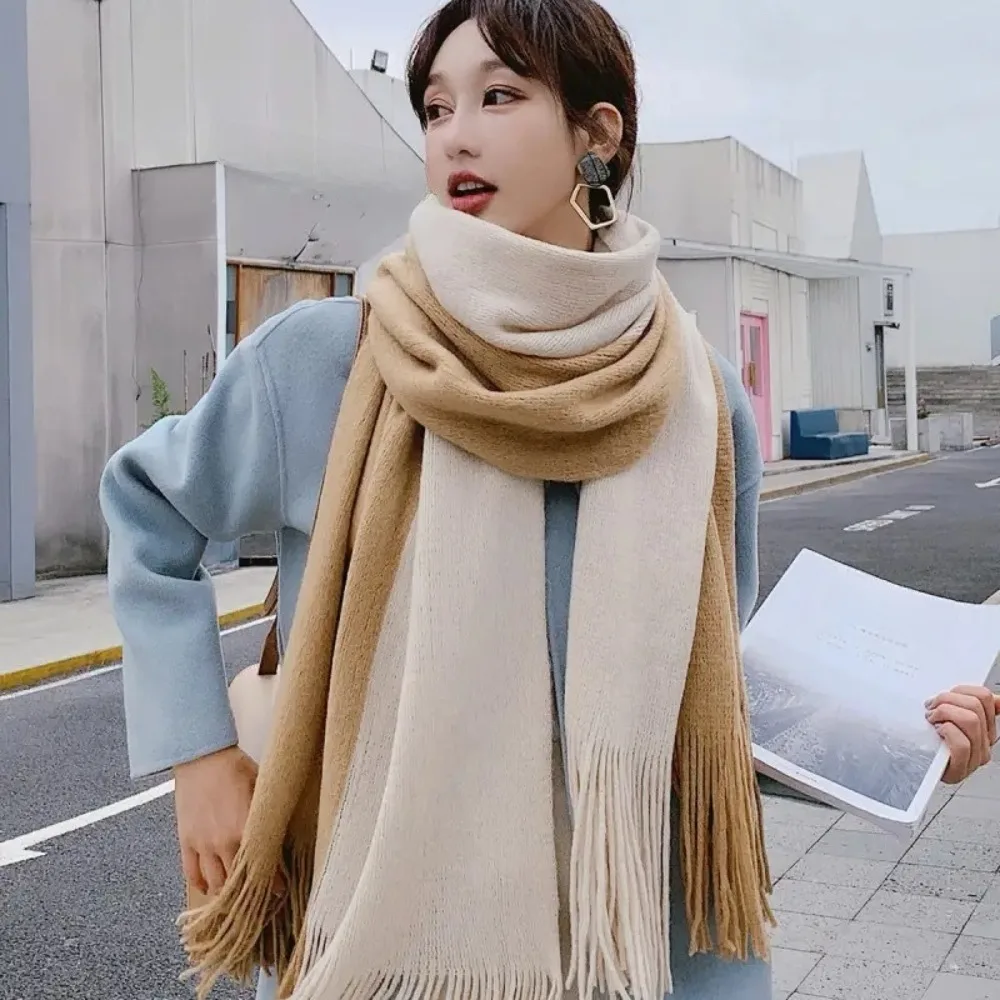 

Simple Korean Style Women Cashmere Scarf Windproof Splicing Color Long Wool Tassel Scarf Warm Soft Winter Neckerchief Student