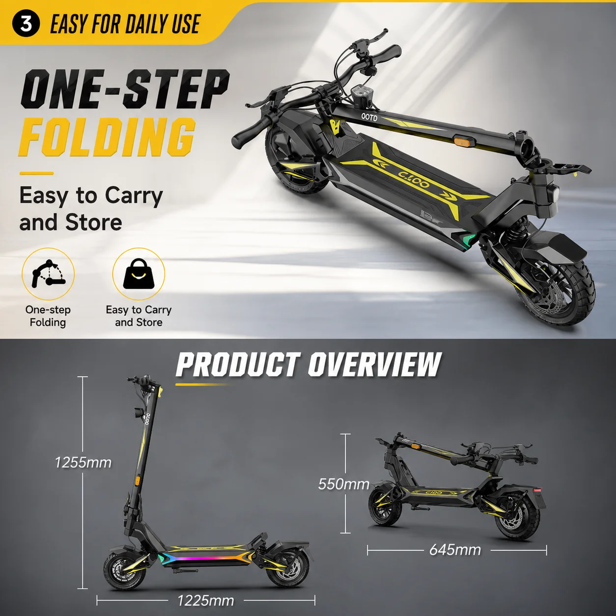 Monopattino Elettrico SR1 48V20Ah con Motore Potente, Nuovo OOTD, per Città, con Set LED, per Monopattino Elettrico MTB Portatile da 10 Pollici