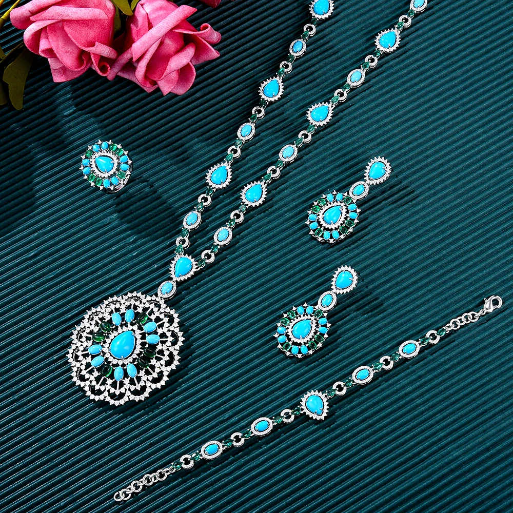 

GODKI New Fashion Turquoise UAE Dubai Bridal Jewelry Set For Women Wedding Party Nigerian African Necklace Earring Set