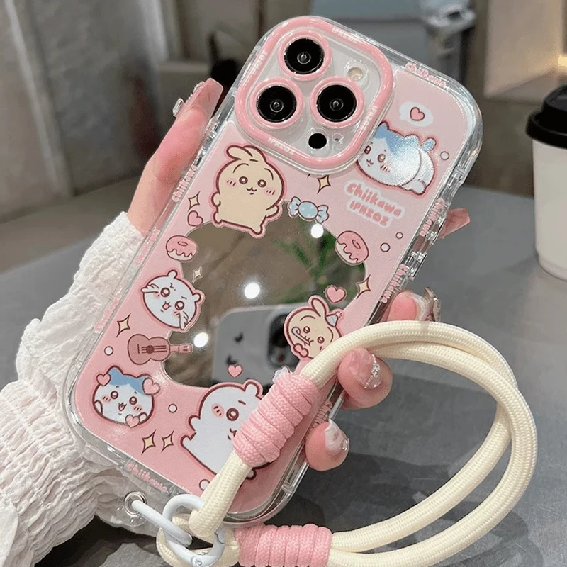 Chiikawa Mirror Case for IPhone 16 15 14 13 Pro Max Case Hand Wrist Strap Soft Cover for Iphone 16promax 15 14 Pro Cover Fundas