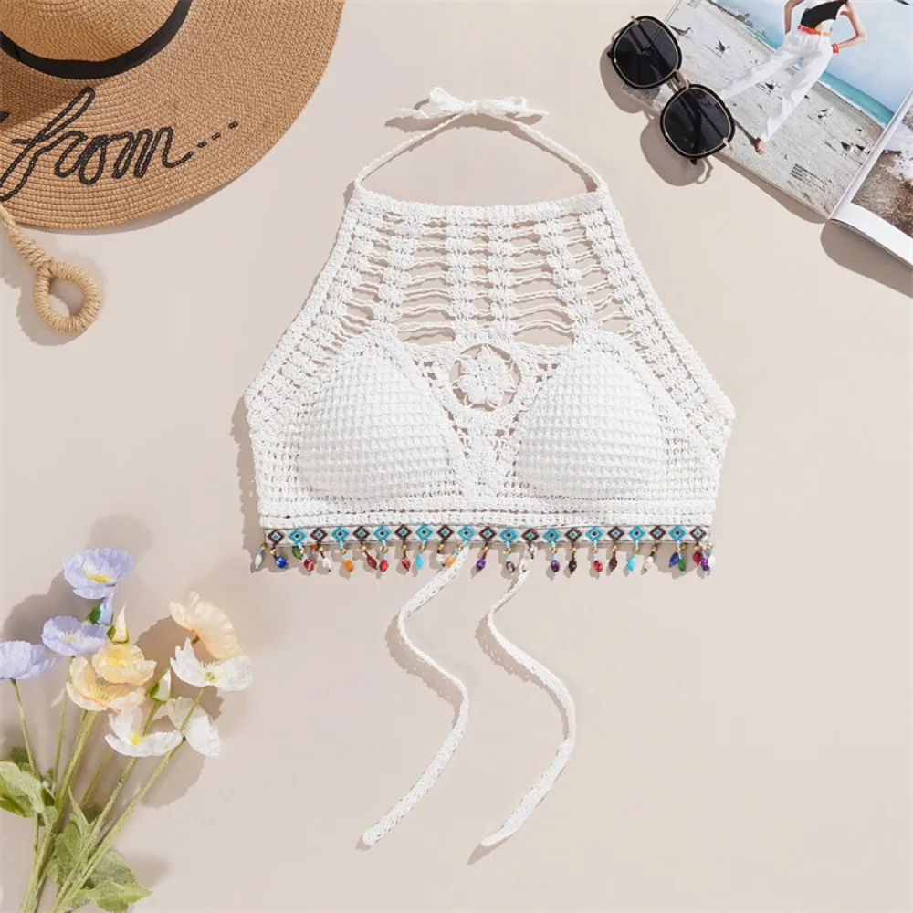 Crop Tops Retro Wild Hollow Perspective Tassel Sexy Strap Top Women Bra Back Lace Halter Neck Sujetadores Sexys Ropa De Mujer 브라