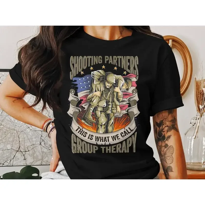 Shooting Partners Group Therapy T Shirt Patriotic Military Inspired Perfect for Veterans Comfort Casual Wear