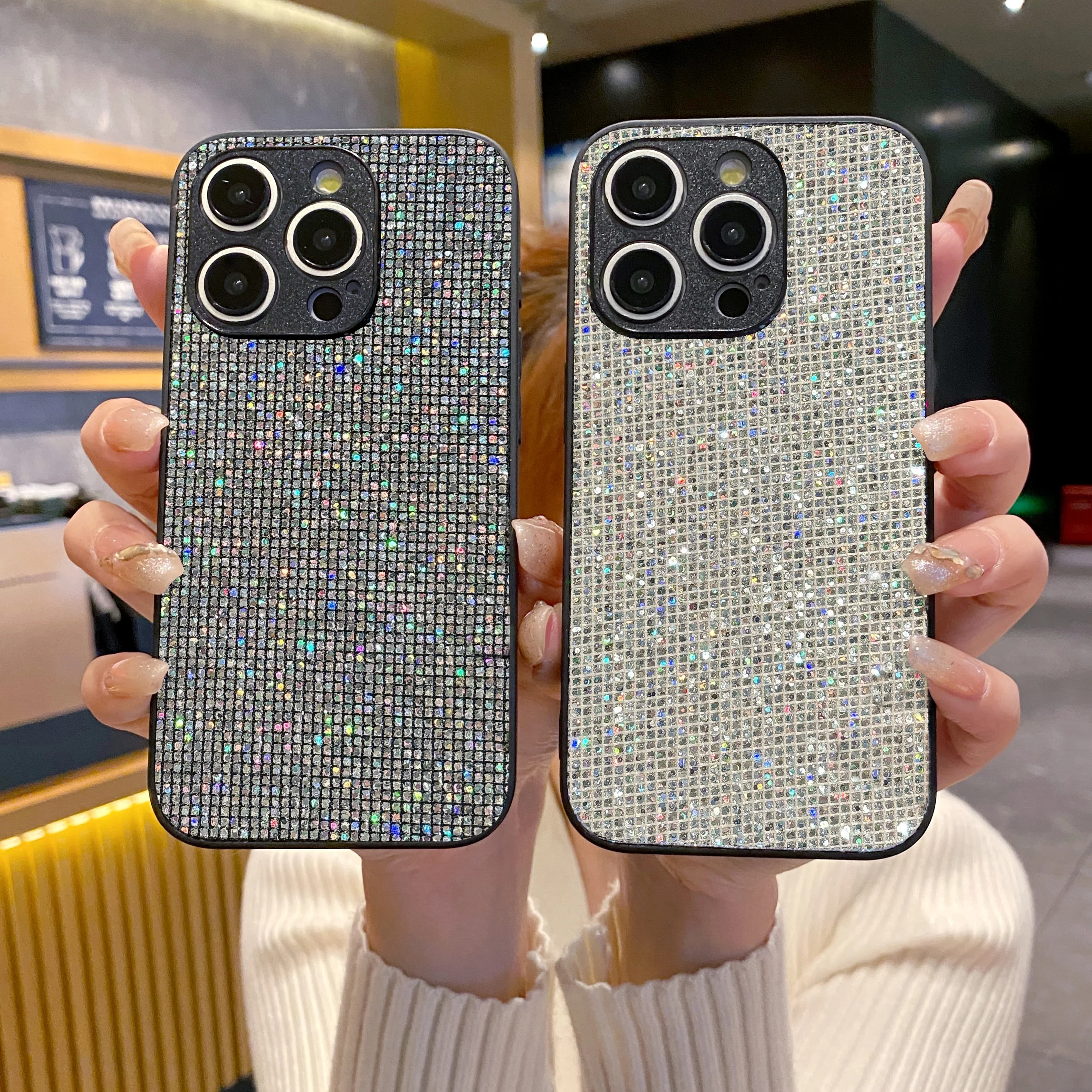 

Luxury Bling Glitter Sequin Lattice Pattern Soft Case For iPhone 17 16 15 14 13 12 11 Pro Max Plus 16E 17air Bumper Frame Cover