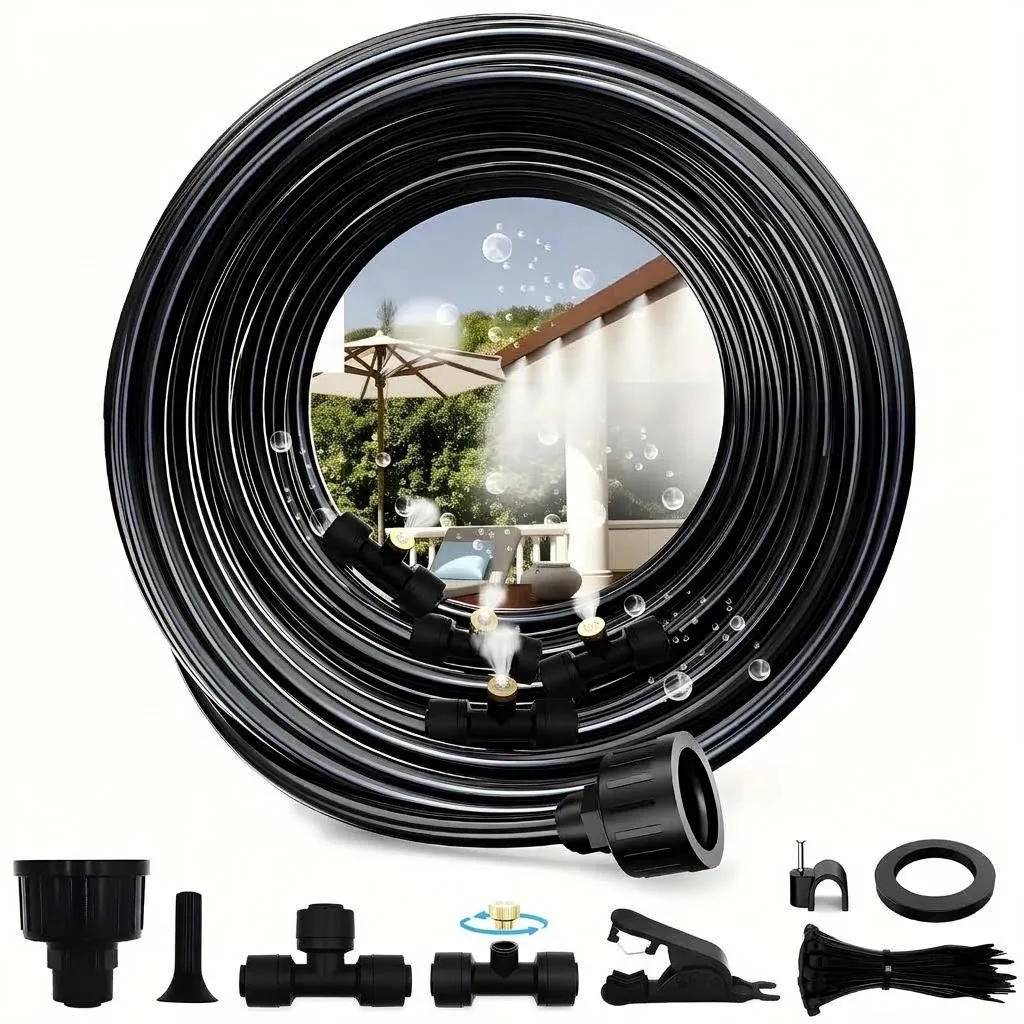 Complete 100FT Misting Cooling System Featuring 30 Brass Misters 2 PE Antioxidant Adapters 2 Tee Connectors And 2 Ninety Degree