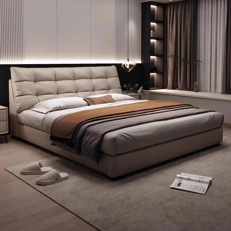 

Modern minimalist leather bed, master bedroom high-end atmospheric double bed, storage high box wedding flush edge soft bag bed