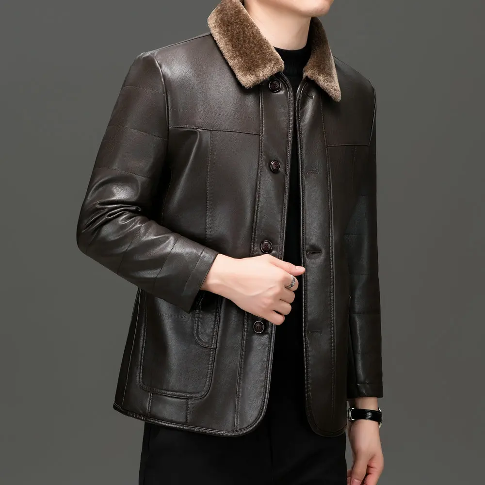 Winter Men Business Casual Faux Leather Jackets Coffee Black Fleece Lnining Fur Basic Coat Single Breasted Outfits Elegant Look