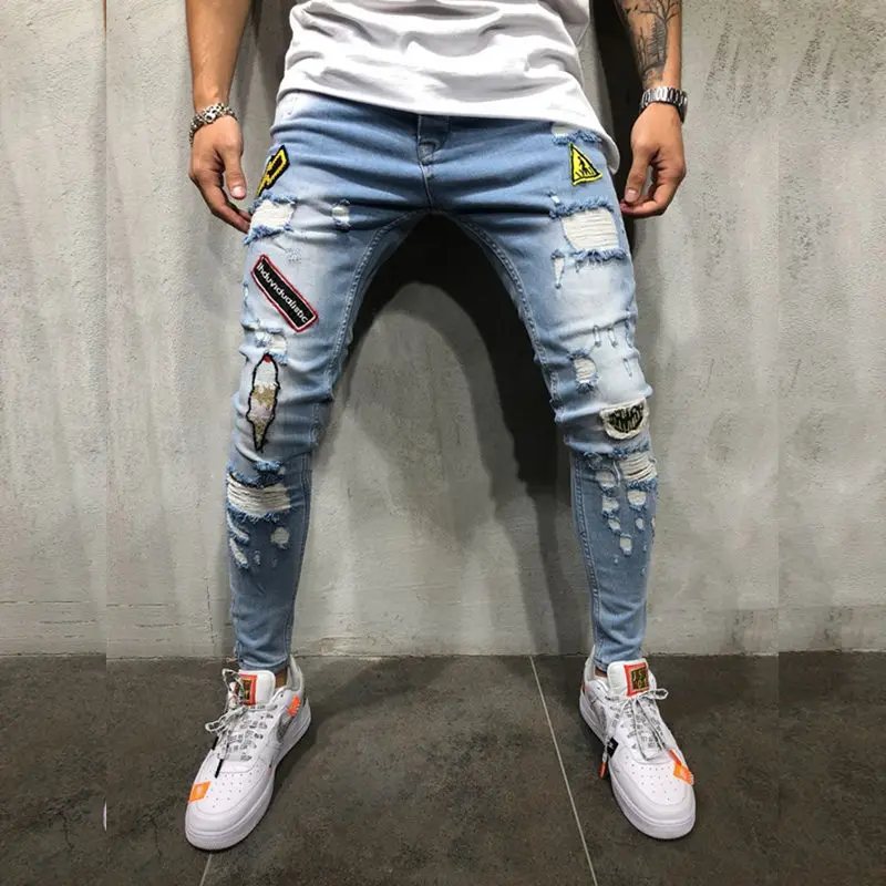 2024 Spring New Men's Patchwork Badge Jeans Fashion Slim Fit Hole Denim Trousers Hip Hop Ripped Skinny Mannen Jeans Man Pants