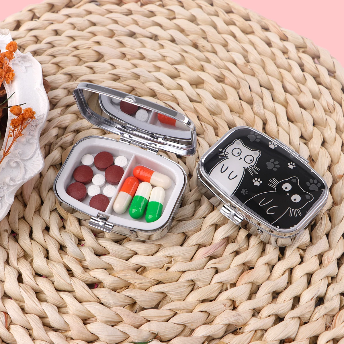 Cartoon Black & White Cat Travel Pill Organizer Pocket Portable Pill Storage Case Small Box For Tablets Container For Medicines