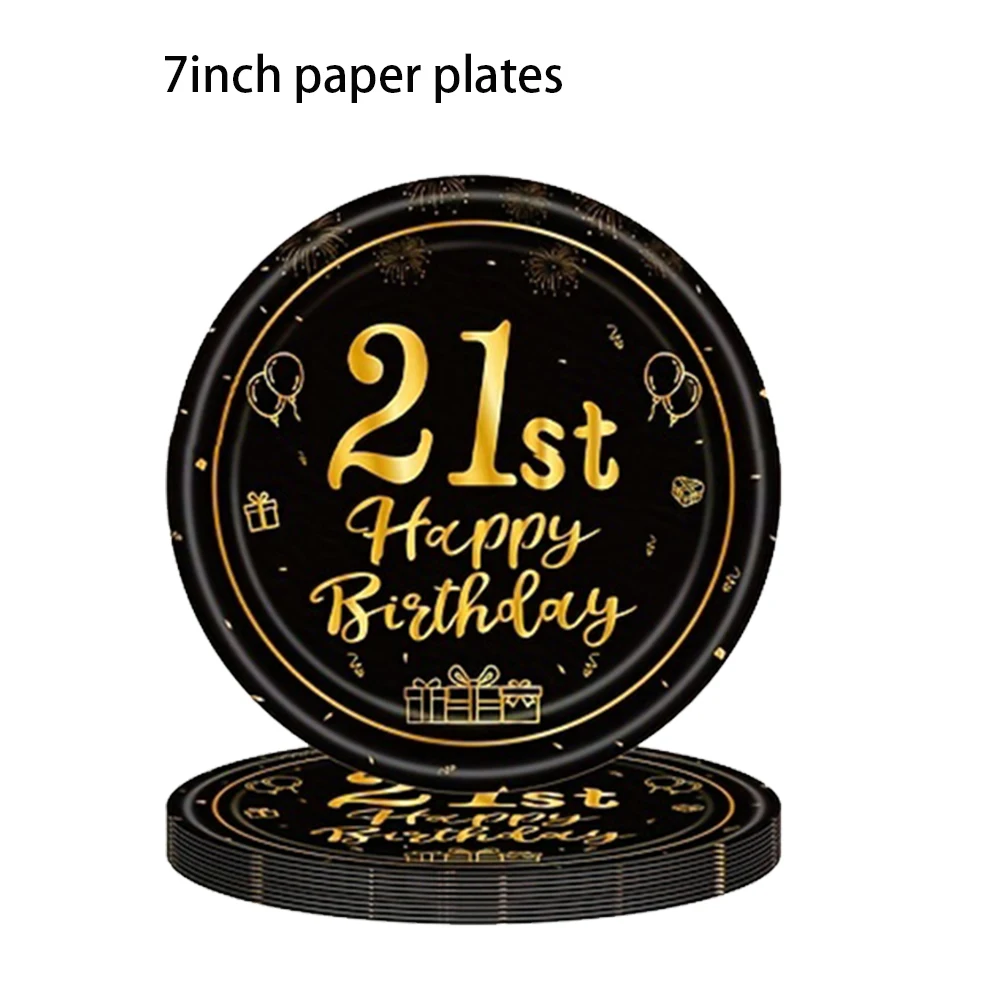 8/40pcs 7inch and 9inch Black and Gold Happy Birthday Disposable Paper Plates Birthday Party Decor Supplies Dessert/Salad Plates