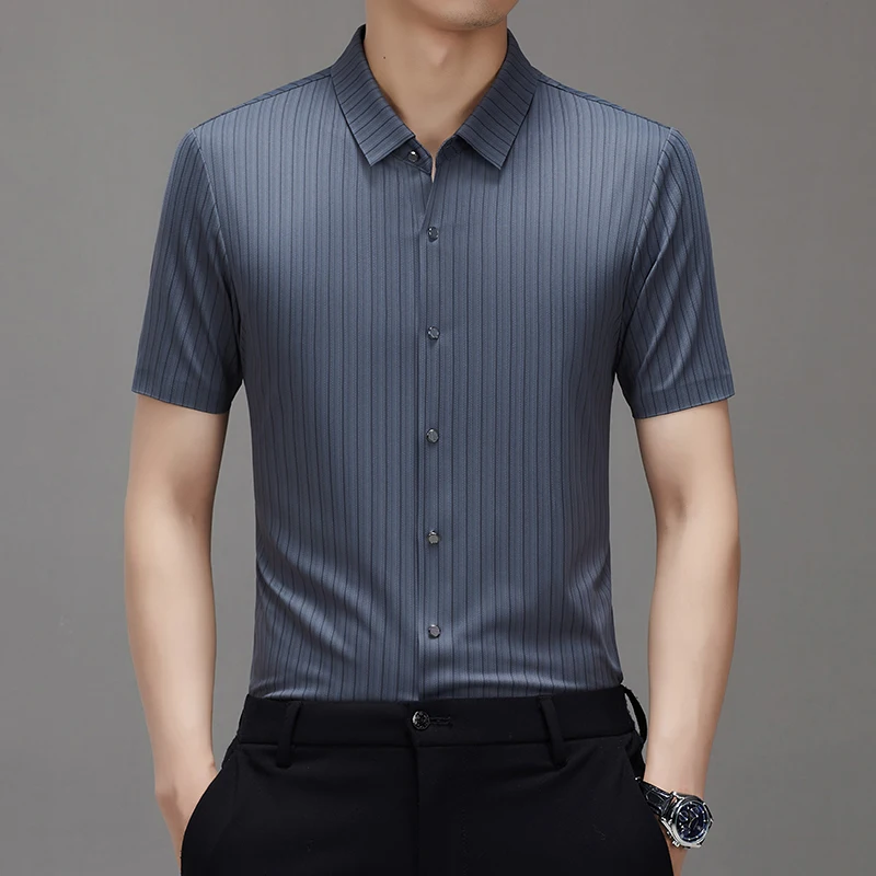 New Men Ice Silk Shirt Striped Luxury Designer Brand Breathable Business Casual 2024 Summer Short-sleeved Tops Camisas De Hombre