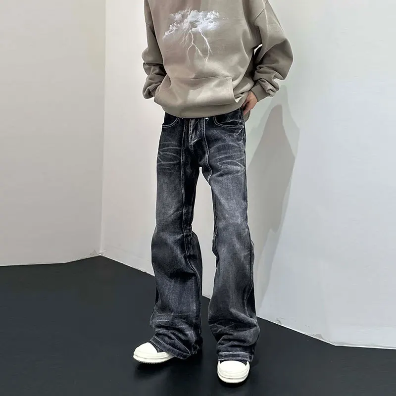 Men Flare Pants Denim Pant Floor Length Jeans Casual Regular Pockets Button Zipper High Waist Autumn Splice Straight Trousers