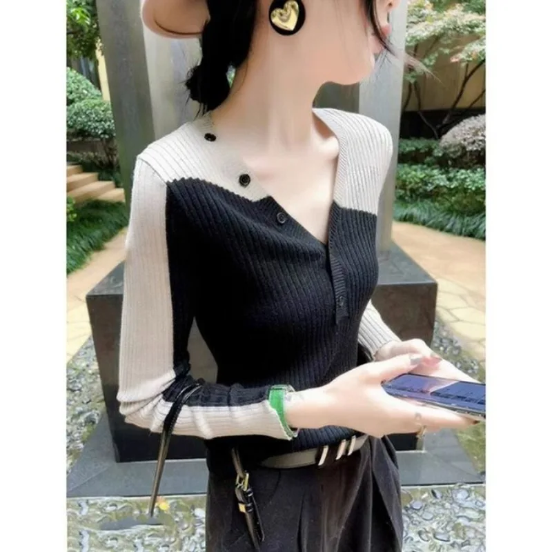 

Elegant Temperament V-neck Knitting Bottoming Shirt Women Autumn Winter Simplicity Office Lady Sweater All-match Knitwear Tops