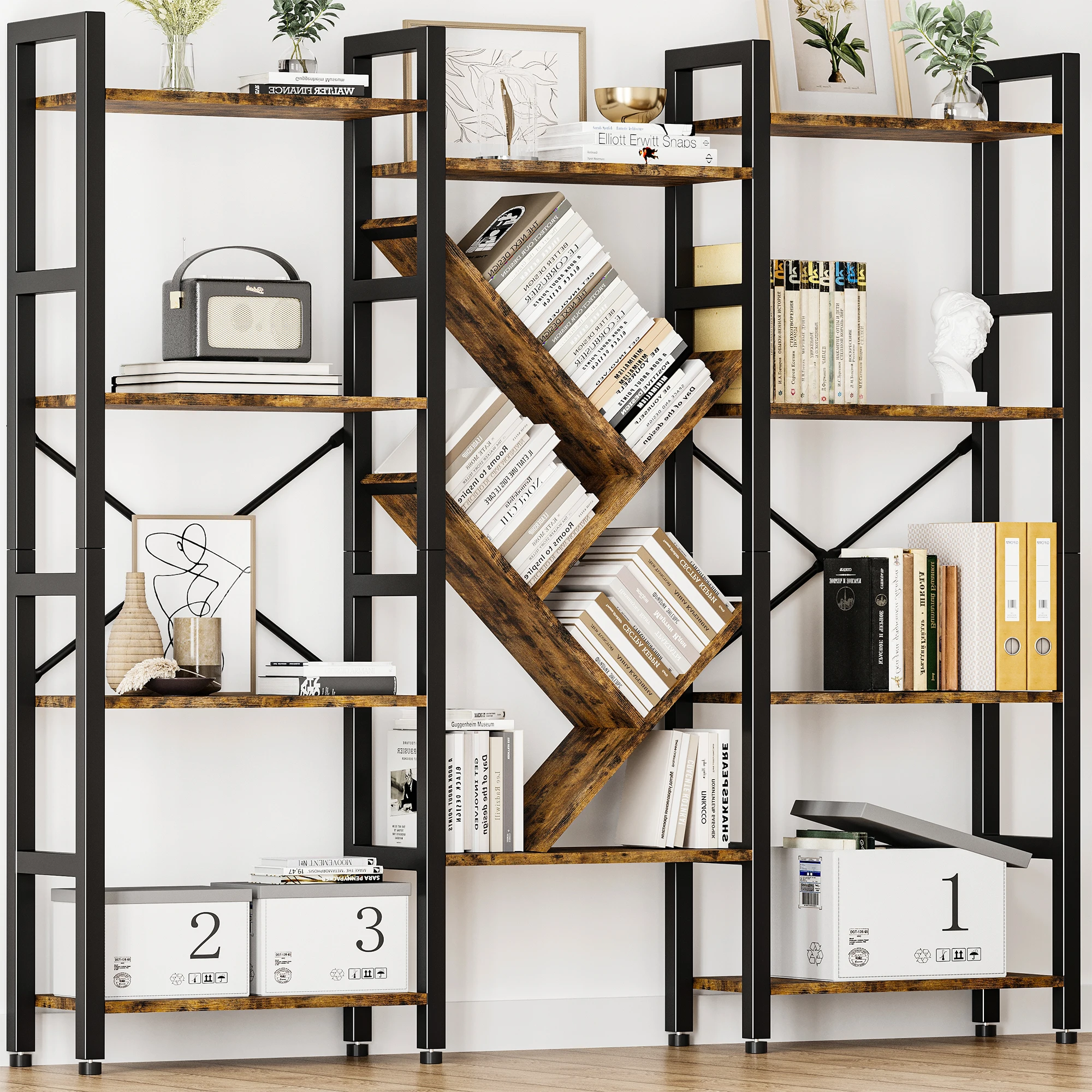 

4-Tier Large Wooden Bookcase with 14 Open Display Shelves, Modern Tree Design, Metal Frame, Tall Bookshelf for Living Room, Offi