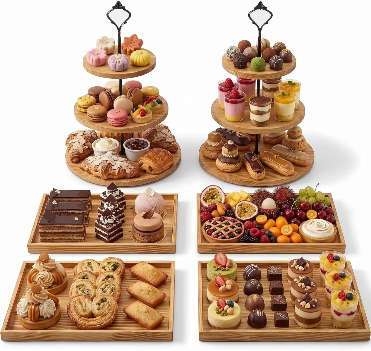 6PCS Carbonized Wood Cupcake Display Stand Set, 3-Tier Dessert Tray Tower for Party, Candy, Cookies & Treats