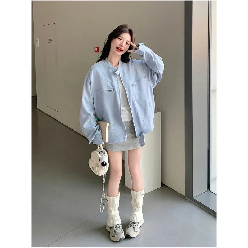 Solid Color Button Long-sleeved Cardigan Blue Korean Style Age-reducing Jacket Top Women's American Short Coat Top