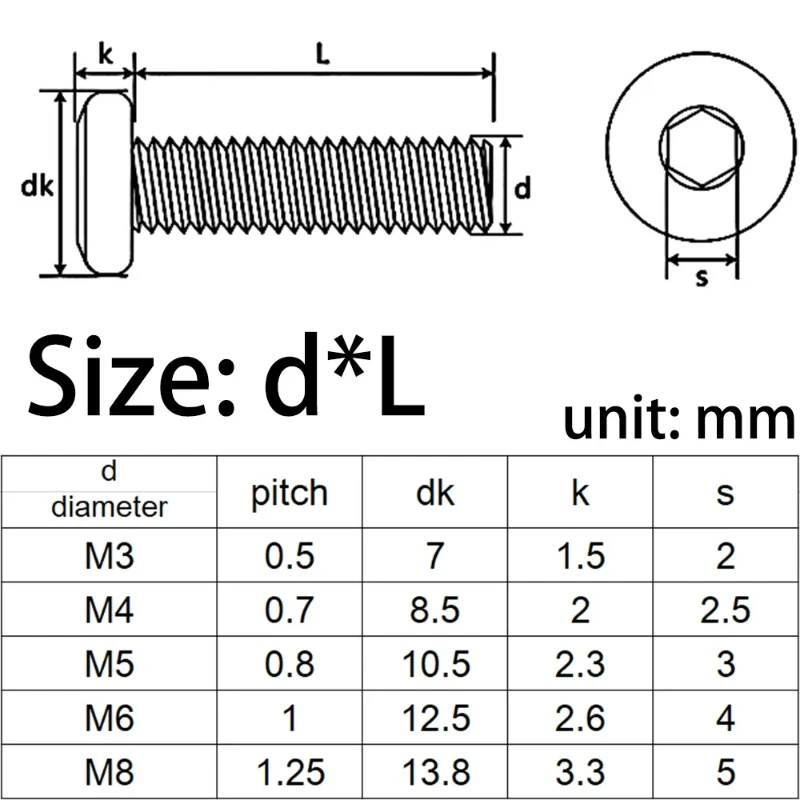 M3 M4 M5 M6 M8 Black 304 Stainless Steel Hexagon Hex Socket Hypotenuse Flat Head Screw Bolt for Down Side Furniture
