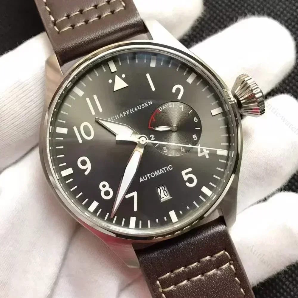 46mm أزياء الطيارين الكبار الرجال التلقائية الميكانيكية ووتش الرياضة الأسود براون الجلود البني الفولاذ المقاوم للصدأ حسب الطلب #4