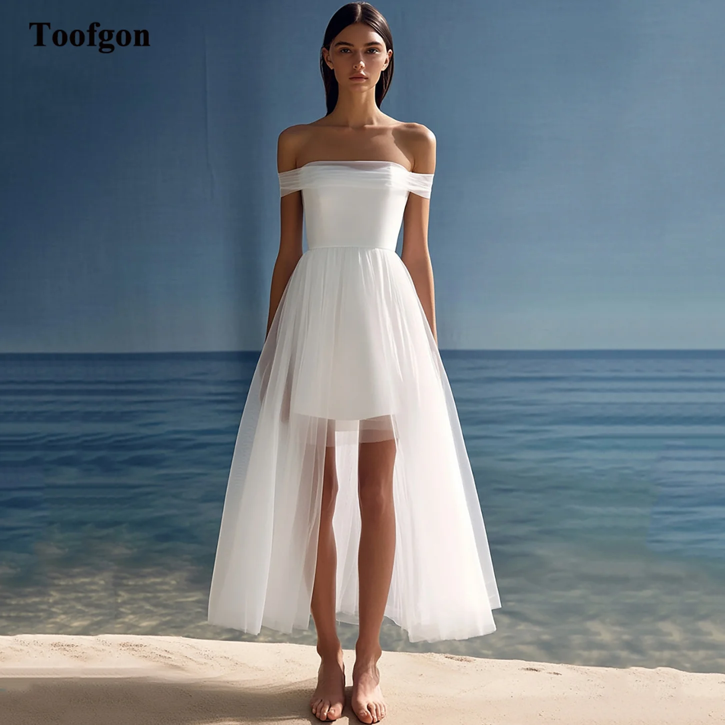 

Toofgon Simple Tulle Customized Wedding Dresses Off Shoulder High Low Bride Dress Women's Formal Party Bridal Photo Shoot Gowns