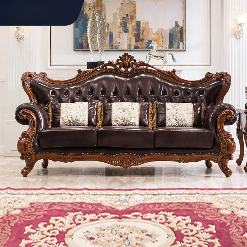 Customizable American solid wood leather sofa luxury European sofa light luxury leather sofa high-end large apartment