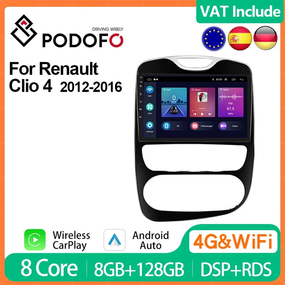 Podofo 8G+128G CaPlay For Renault Clio 4 2012-2016 Android Car Radio 4G Multimedia Player 2din Head Unit HiFi Stereo Receiver