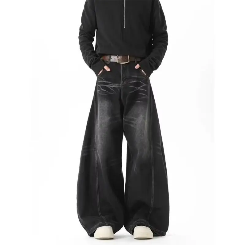 Calça Jeans Preta com Design Retrô Americano de Gato, Corte Knife , Unissex, Casual, Estilo High Street, Solta, Perna Lar...