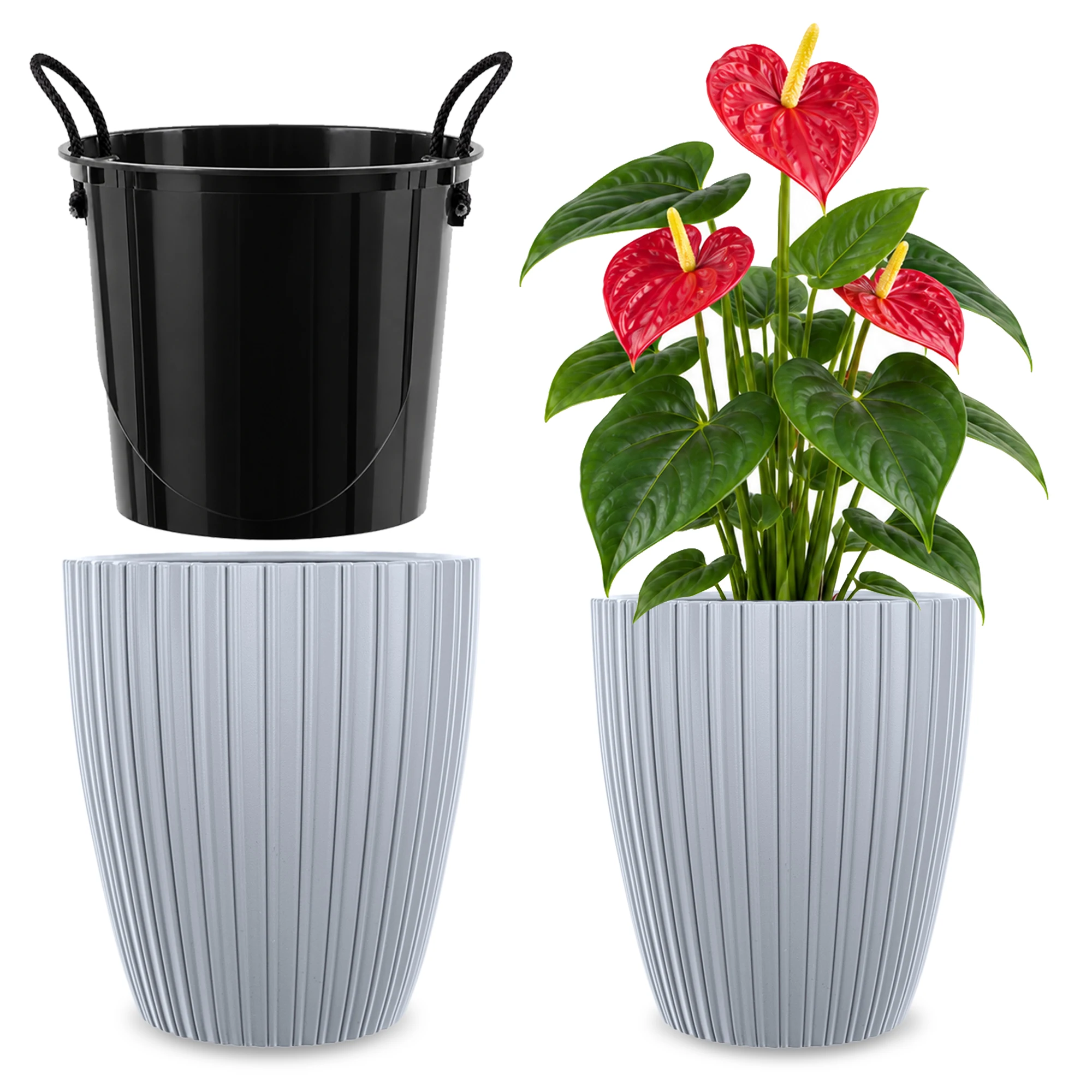 30cm Bloempot met hoes en inleg, grijze plastic bloembak