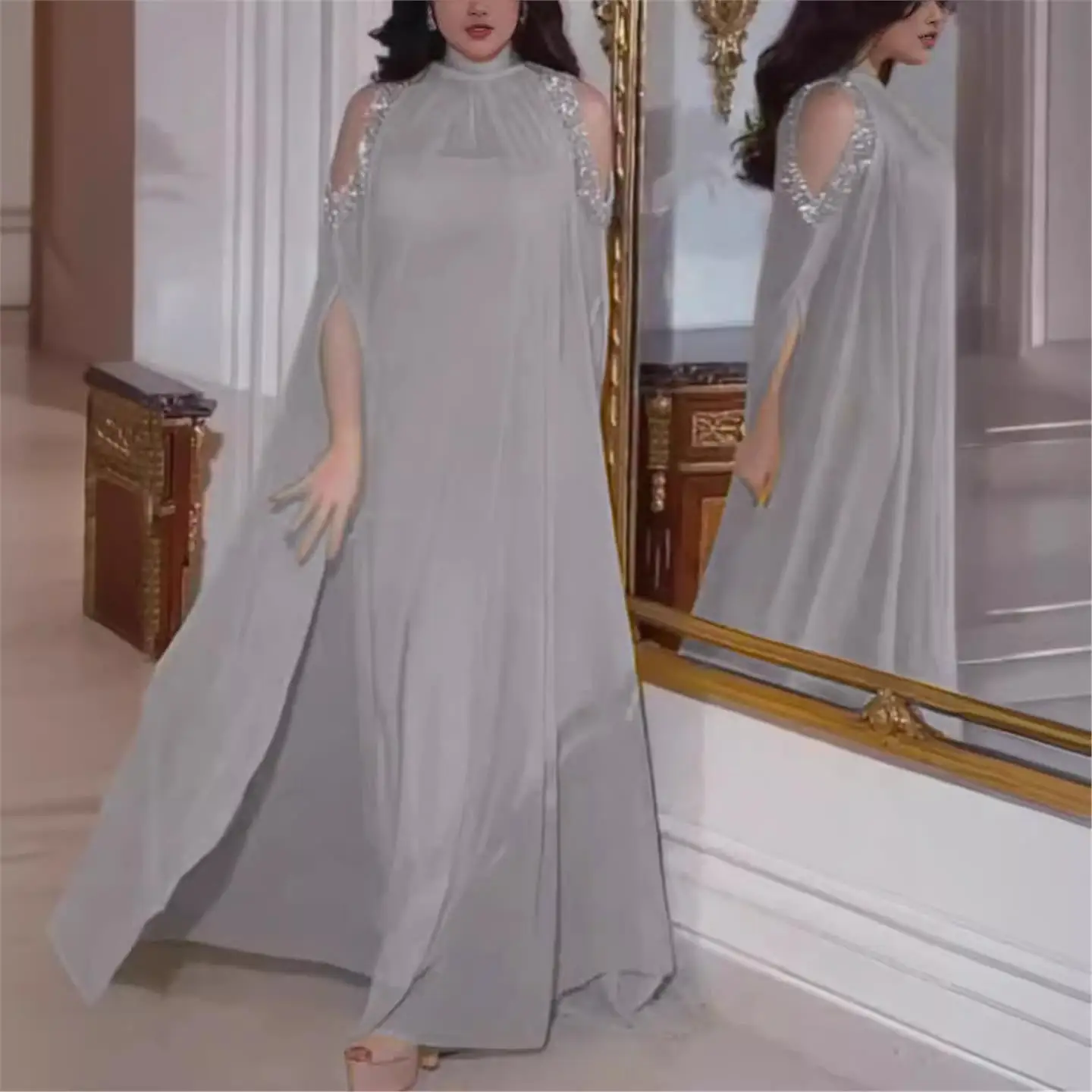 ربيع وصيف 2024 الشرق الأوسط الإحساس awl مطرز الشيفون مساء الدكتور قطعتين مجموعة عالية الخصر طويلة Sve ملابس رسمية