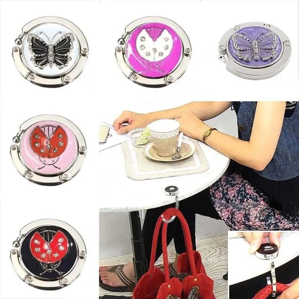 Round Metal Hanger Hook Holder Unique Folding Portable Butterfly Pattern Fashion Table Hook 1Pcs Crystal Alloy Purse Handbag Bag