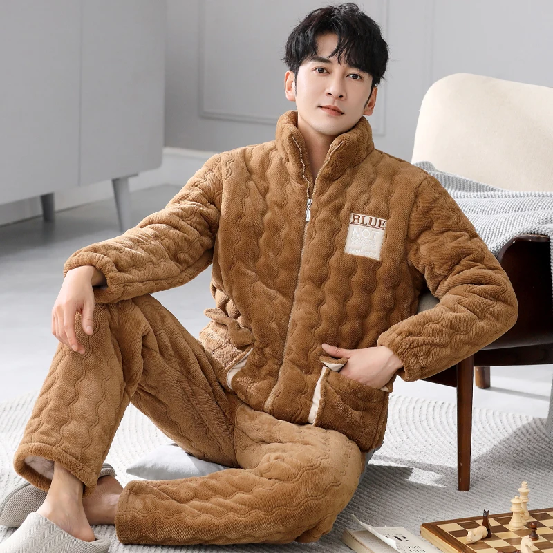 Winter Men Pajamas Set Thick Warm Mens Sleepwear 3 Layer Clip Cotton Pyjamas Male Casual Lounge Homewear