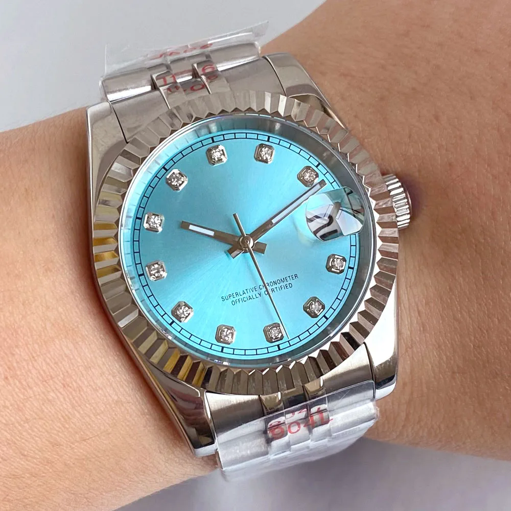 Customized 36mm Automatic Men Watch Blue Dial Diamond Index Japan NH35A Movement Steel Bracelet Sapphire Glass Slide Buckle