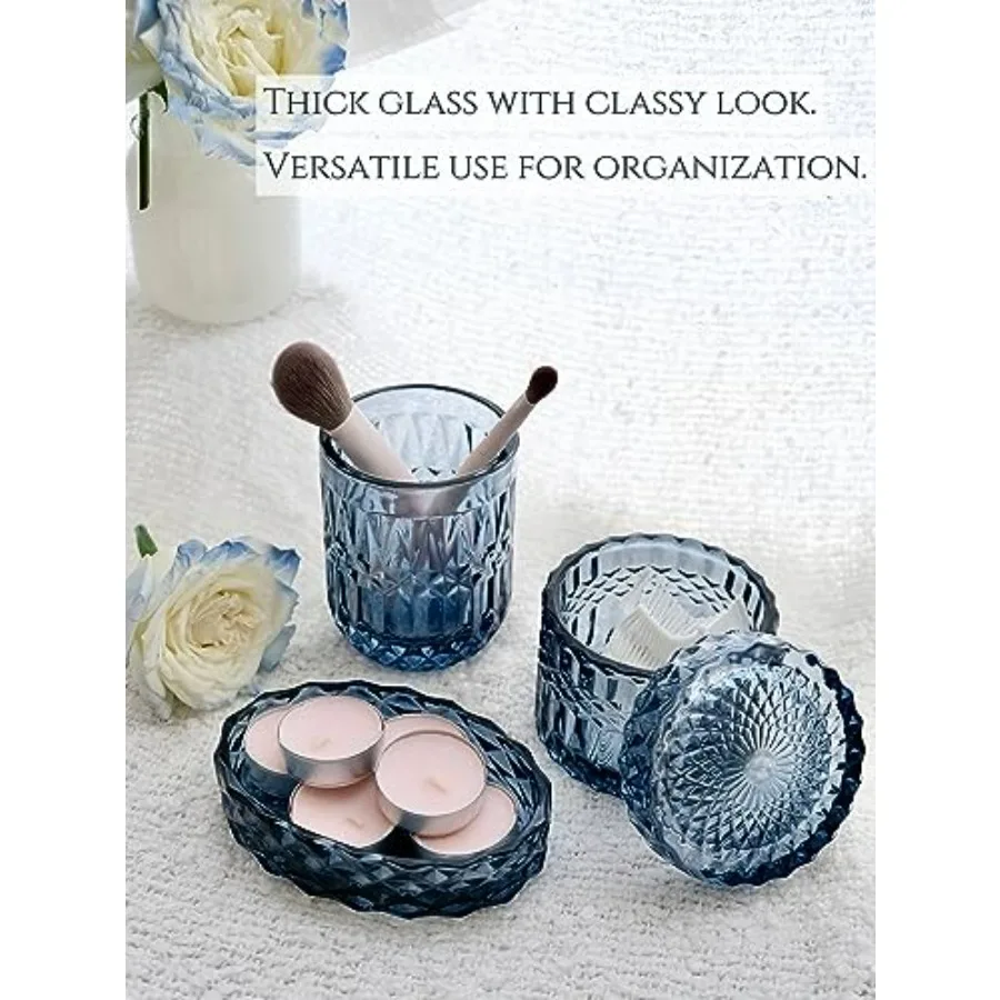 Set di accessori da bagno in cristallo, set di dispenser per lozioni blu da 9 pezzi, portasapone, portaspazzolino, bicchiere, vasetti per tamponi di cotone