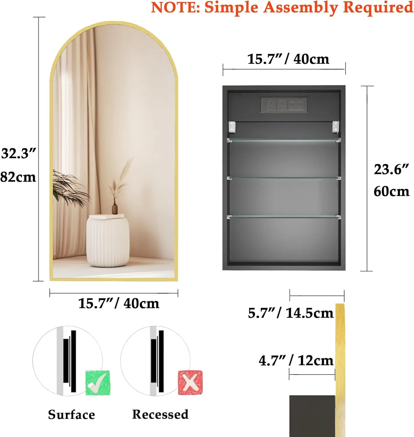 Cabinet with Mirror, Gold Medicine Cabinet Wall Mounted, Bathroom Vanity Mirror with Storage, Mirrored Cabinet with Adjustable S